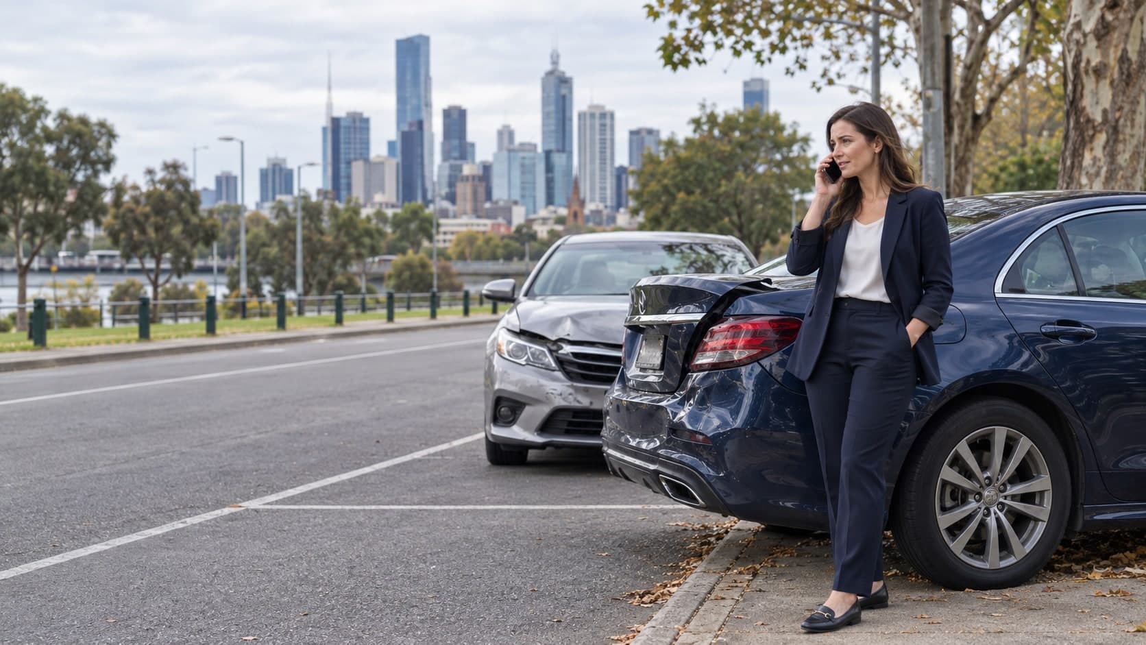 Illustration of a woman calling for assistance beside two collision-damaged cars