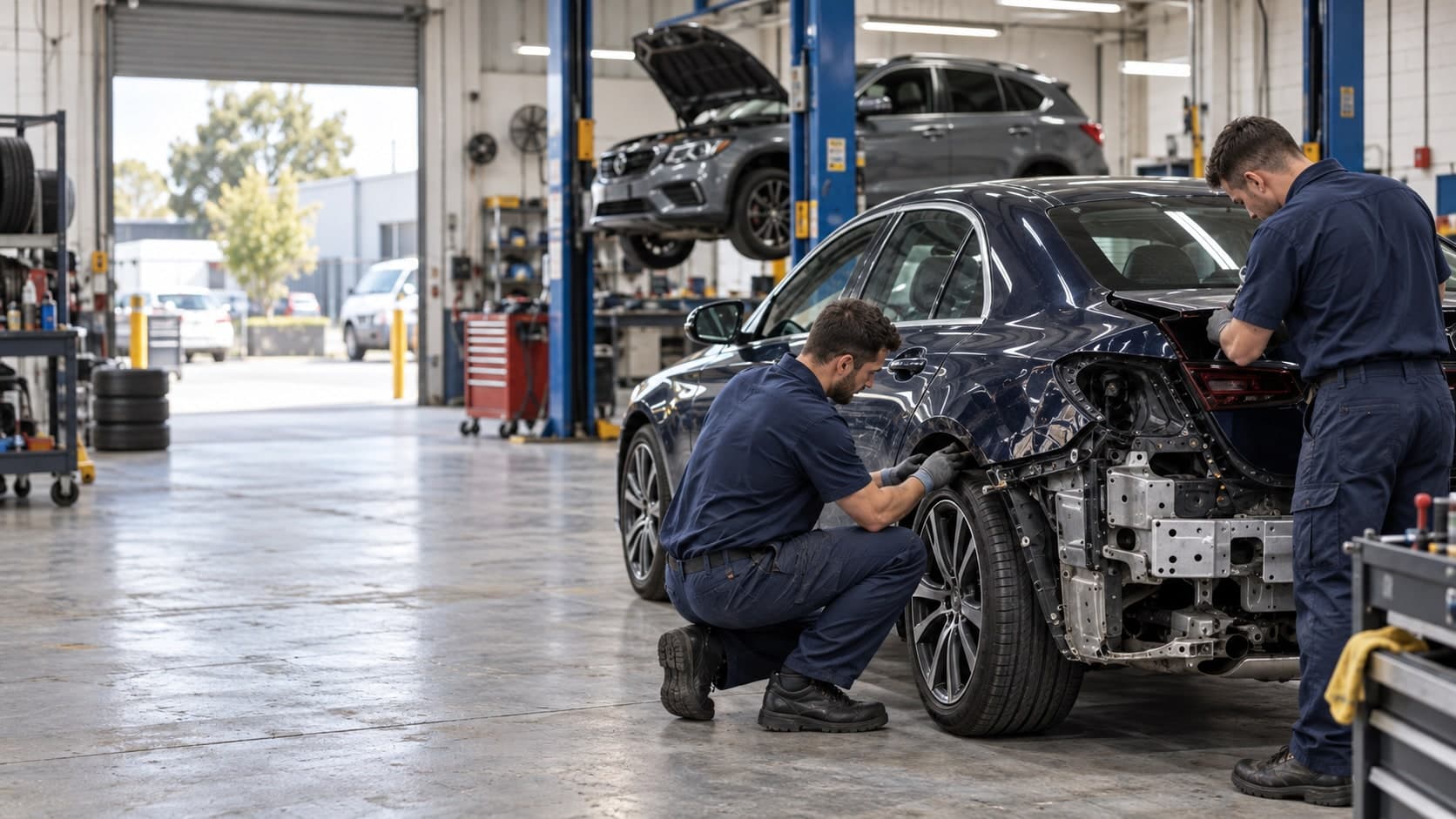 Illustration of two technicians repairing the damaged rear of a navy car in a workshop