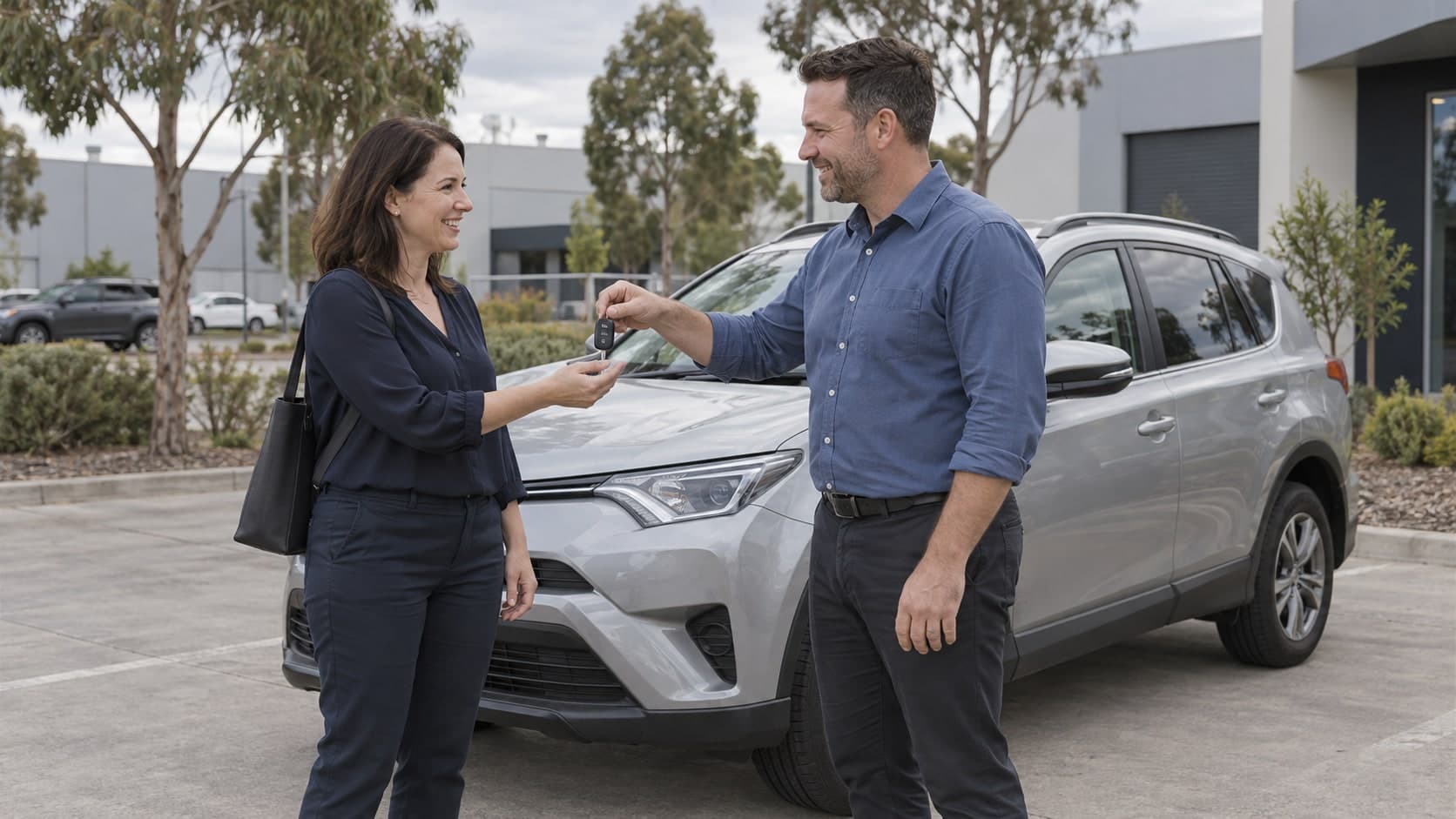 Illustration of a woman receiving replacement car keys beside a silver SUV